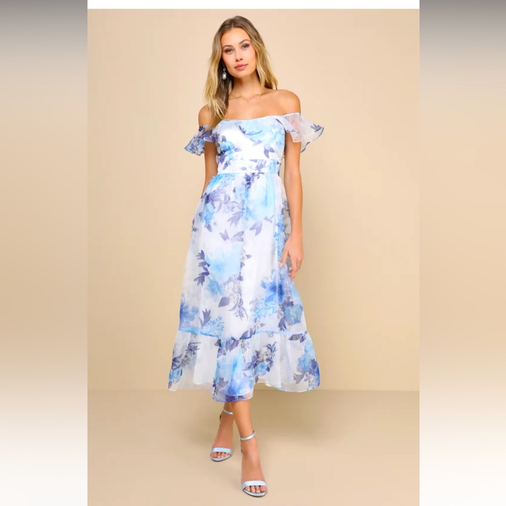 Lulu’s Sweet Composure White Floral Organza Off-the-shoulder midi dress